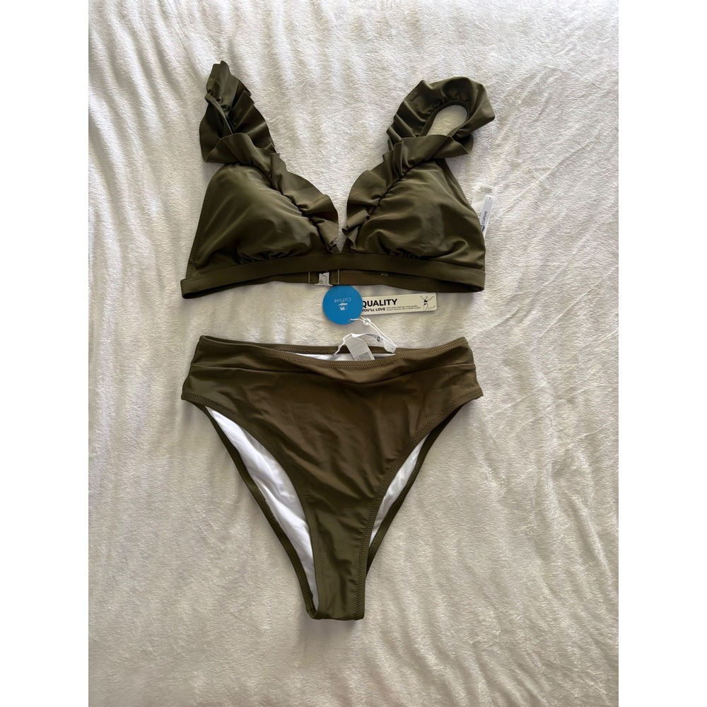 Cupshe Olive Green Ruffle V Neck High Waisted Bikini Set Womens Large NWT